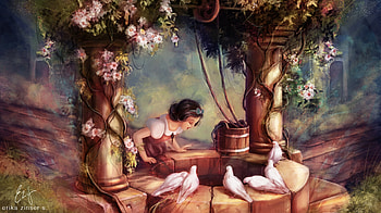 The Wishing Well, girl, birds, pigeons, abstract HD wallpaper