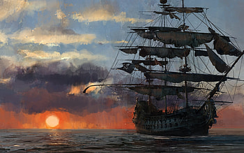 Skull and Bones, sea, ship, art, painting, pictura, game, luminos, water, sunset, cloud HD wallpaper
