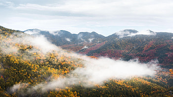 Atmospheric morning scene amongst the Adirondacks peaks, New York, fog, peaks, clouds, landscape, trees, sky HD wallpaper