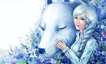 Best Friend, artwork, painting, flowers, girl, wolf HD wallpaper