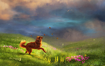Morning, blue, dog, frumusete, art, running, elena roslyakova, summer, butterfly, fantasy, green, cloud, caine, vara HD wallpaper