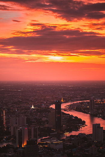 Cities, Rivers, Sunset, Twilight, City, Building, View From Above, Dusk HD phone wallpaper