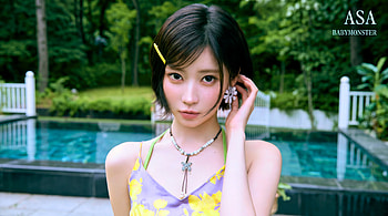 BABYMONSTER - Asa in summer dress by the pool cute japanese model k-pop idol, Asa 