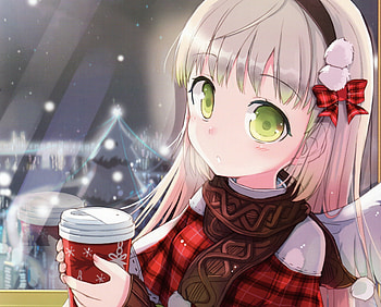 hot choco, winter, cute, long hair, snowflakes, snowflake, holiday, snow, scenic, female, sweet, white, scene, ribbon, cold, girl, cup, food, anime girl, anime, red, view, drink HD wallpaper