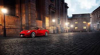 red ferrari cabrio, convertible, city, car, cobble stones, dusk HD wallpaper