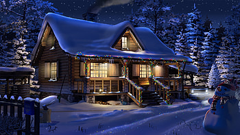 Snow, Snowman, Cabin, Winter, Artistic, Christmas Lights, Night HD wallpaper