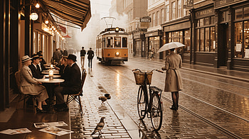 Sepia Streetcar —, Sepia, Tram, Bicycle, Umbrella, Cafe HD wallpaper