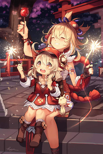 Yoimiya and Klee, art, pink, genshin, fireworks HD phone wallpaper