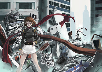 Android [], skirt, yellow eyes, uniform, red eyes, bicolored eyes, anime, ruins, original, short hair, android, brown hair, , scarf HD wallpaper