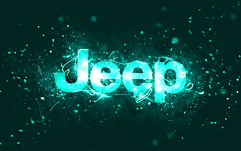 Jeep turquoise logo, , turquoise neon lights, creative, turquoise abstract background, Jeep logo, cars brands, Jeep HD wallpaper