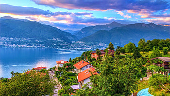 Lago Maggiore, Switzerland, houses, alps, mountains, clouds, landscape, sky HD wallpaper