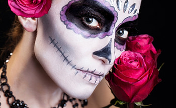 Halloween make-up, model, girl, woman, halloween, rose, pink, make-up, flower, face HD wallpaper