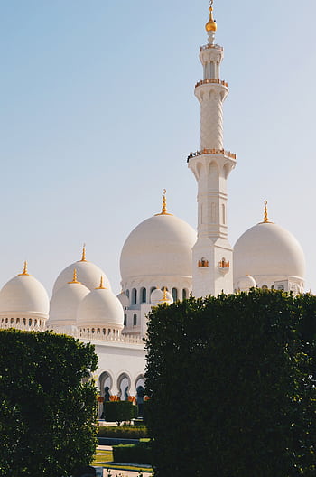 Elegant view of Sheikh Zayed Grand Mosque with its iconic domes and minaret in Abu Dhabi. HD phone wallpaper
