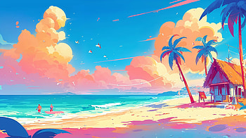 Summer Paradise: Anime Beach, summer, anime landscape, beach, palm tree HD wallpaper