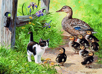 ducks and cat, cats, ducks, painting, animals HD wallpaper