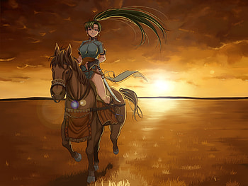 Anime Rider, animal, horse, cute, long hair, sunrise, scenery, brown, scenic, cloud, female, sunset, sexy, sword, hot, girl, orange, blade, anime girl, anime, field, weapon, green hair, sky HD wallpaper