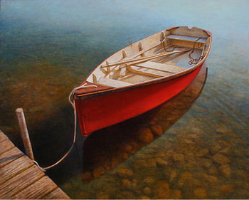 Little Red Boat, boat, red, bottom, dock, lake, stones HD wallpaper