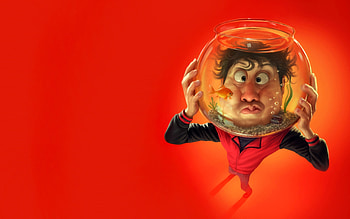 Aquarium man, art, man, creative, fantasy, red, funny, fish, tiago hoisel, aquarium HD wallpaper