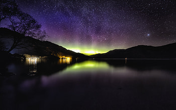 Night, Dark, Starry Sky, Loch Lomond, Scotland, Aurora Borealis, Northern Lights, Aurora HD wallpaper