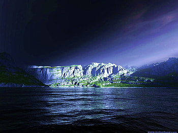 New land, blue, rays, moon, light, land, ocean HD wallpaper