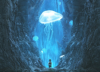 Jellyfish, frumusete, fantasy, blue boy, luminos, child, copil, anttoni salminen, summer, vara HD wallpaper