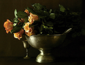 Silver Grace, still life, letter opener, roses, silver goblet, pink roses, flowers HD wallpaper