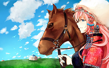 A Lovely Day For Horseback Riding, colorful, horse, blue eyes, beautiful, vocaloid, pink hair, anime, megurine luka, clouds, sky, hat HD wallpaper