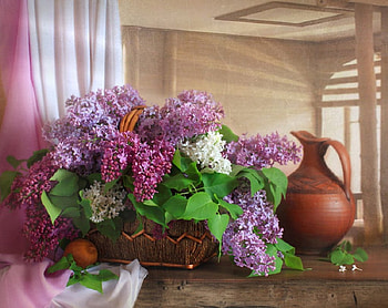 basket of lilacs, basket, lilacs, still life, flowers HD wallpaper