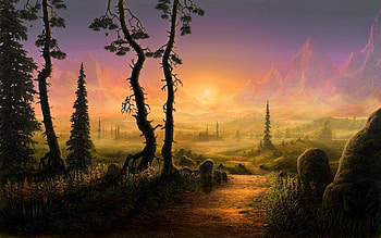 Beautiful landscape, houses, fog, trees, mountains, sun, magic, art, city, landscape, colorcolorful, beautiful, grass, way, artwork, fantasy, pretty, paradies, drawing, paint, dreamland, nature, lovely, splendor, dream HD wallpaper