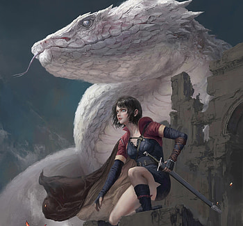 Girl and giant white snake, girl, white, snake, fantasy, art, zhang shu HD wallpaper