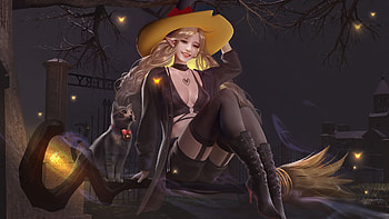 Witch, halloween, fu chong, black, fantasy, yellow, cat, hat HD wallpaper