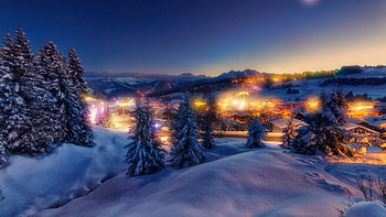 Les Saisies, Savoie, France, snow, trees, landscape, alps, houses, mountains, evening, village, lights HD wallpaper