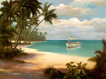 Paradise, boat, sand, nice view, plants, sky, green water, palmtrees, beach HD wallpaper