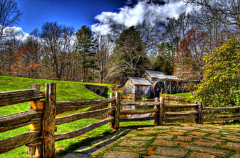Beautiful place, magic, place, mill, colors, beautiful, fence, clouds, water-wheel, nature, splendor, forest HD wallpaper