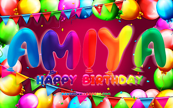Happy Birtay Amiya, , colorful balloon frame, Amiya name, purple background, Amiya Happy Birtay, Amiya Birtay, popular american female names, Birtay concept, Amiya HD wallpaper