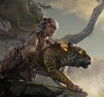 Jungle cat and girl, fantasy, art, dark, jungle, cat, aleksandra skiba HD wallpaper