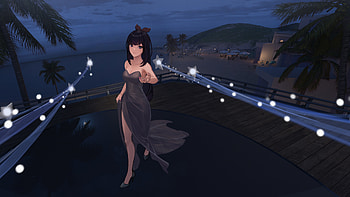 Black Long Hair Anime Girl Black Dress Ocean Background Anime Girl HD wallpaper
