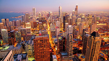 spectacular view of chicago at dusk, skyscrapers, city, lights, dusk, lake HD wallpaper