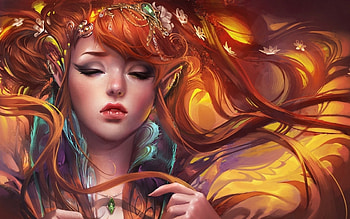 Elf girl, elf, sakimichan, fantasy, art, face, redhead, girl HD wallpaper