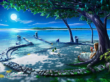 Fantasy Art !!!, blue, sea, black, girl, dark, tree, moon, fantasy, abstract, green, leaf HD wallpaper