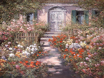 Path through the Garden, windows, house, steps, garden, painting, door, fence, trees, flowers HD wallpaper