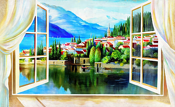 Sea village view, sea, art, painted, window HD wallpaper