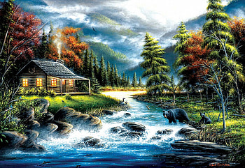 Approaching, artwork, river, painting, trees, mountains, cabin, stones HD wallpaper