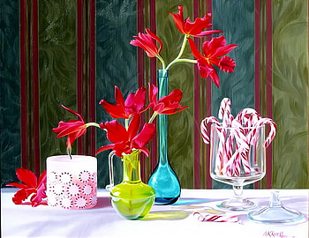 Sparkles & Stripes, table, candy canes, still life, painting, vases, candle, red, glass dish, orchids HD wallpaper
