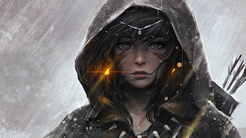 Hood, black, rain, guweiz, art, girl, orange, fantasy, luminos HD wallpaper