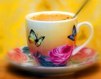 Coffee, butterflies, pink, roses, morning, floral, cup, porcelain HD wallpaper