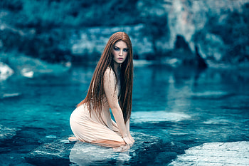 Hypatia, blue, white, model, girl, alessandro di cicco, beauty, woman, water HD wallpaper