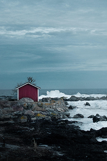 Nature, Sea, Ice, Rocks, Coast, Small House, Lodge HD phone wallpaper
