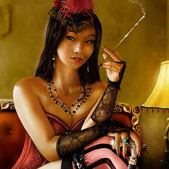 Courtesan, cigarette holder, fantasy, smoke, face, necklace, gloves, hat, female HD wallpaper