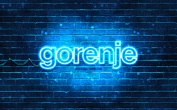 Gorenje blue logo, , blue brickwall, Gorenje logo, brands, Gorenje neon logo, Gorenje HD wallpaper